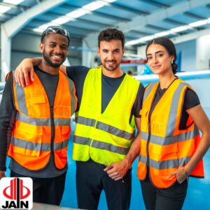 Equipo en obra con casco, gafas y guantes certificados.